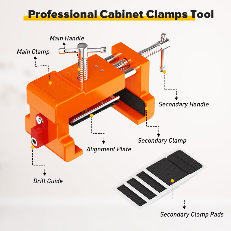 Sebupar Cabinet Clamps, Cabinet Installation Cabinetry Clamps Face Frame Clamps Tools with Two Side Screws and Alignment Plate, 4 Pack, Orange - Image 3